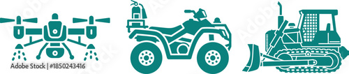 Teal Silhouette Icons of a Drone, ATV, and Bulldozer quadcopter aerial