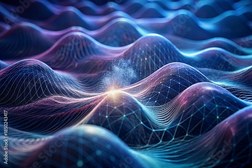 Futuristic network waves with glowing connections and vibrant blue purple hues