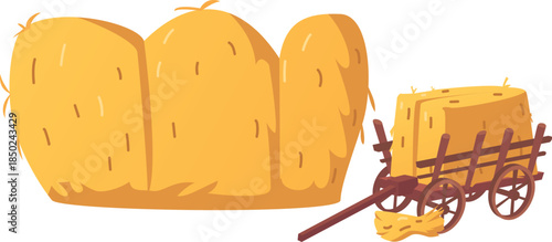 Wooden cart with hay flat vector icon, cartoon haystack, dry golden straw in wagon, bale of hay on old cart