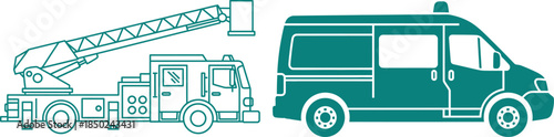 Teal Silhouette Icons of a Fire Truck with Ladder and a Van fire engine ladder truck