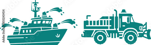 Teal Silhouette Icons of a Fireboat and Fire Truck with Water Spray ship