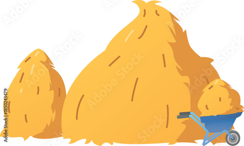 Haystacks and cart vector flat illustration, cartoon haystack, dry golden straw in metal trolley, autumn feed rural crop