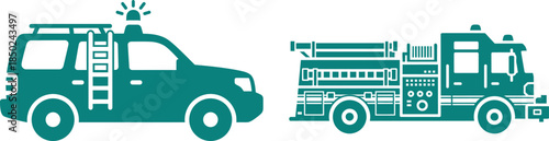Teal Silhouette Icons of an SUV and a Fire Truck sport utility vehicle emergency vehicle