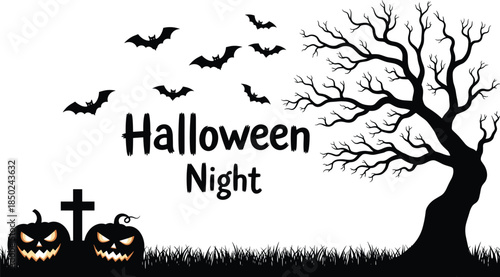 Spooky Halloween night illustration with bats flying over haunted tree, glowing pumpkins, graveyard cross, and eerie silhouette landscape for holiday posters and festive designs