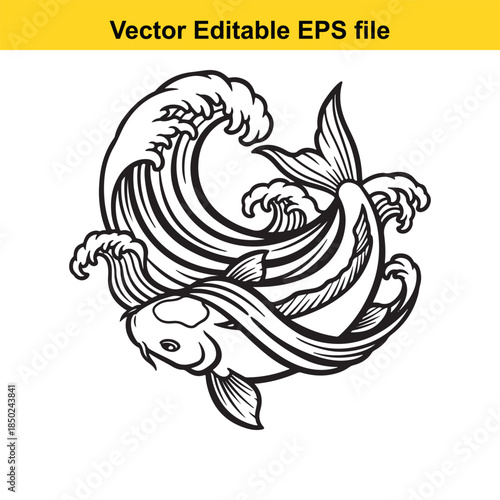  vector editable  file of a koi fish swimming in wave