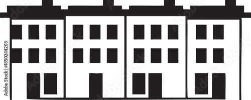 Black and white graphic illustration of row houses with multiple windows and doors building architecture