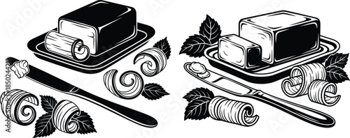 Engraved butter curls with dish and knife, ideal for menu illustrations, detailed design