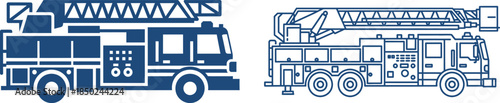 Two Blue Fire Truck Silhouettes With Ladder On White Background Keywords: fire truck, fire engine, emergency vehicle, rescue