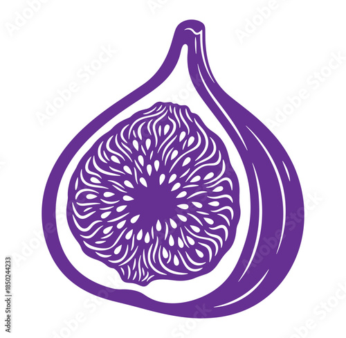 Simple vector illustration of a purple fig cut in half isolated on white background