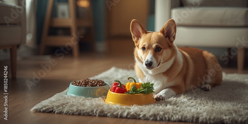 Corgi dog relaxing with bow...