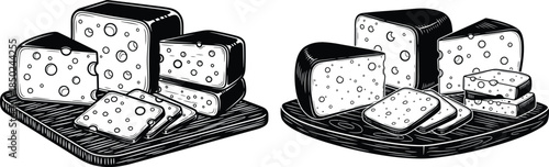 Engraved illustration featuring various cheese types on rustic wooden boards, culinary design