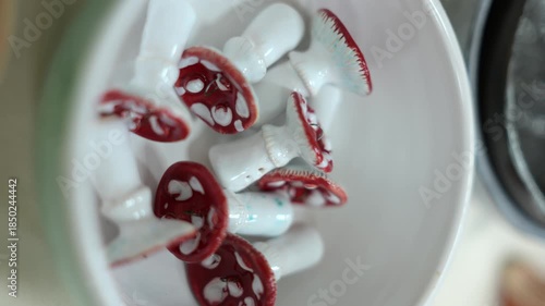 Ceramic mushroom Christmas ornaments at holiday market