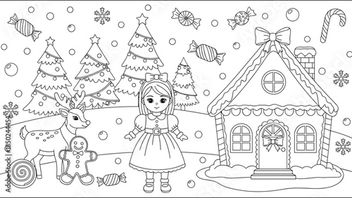 Christmas coloring page with girl reindeer gingerbread man and candy house Keywords: christmas, holiday, winter, snow, snowflake