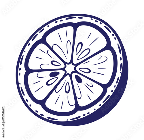 Stylish dark blue hand drawn citrus fruit slice isolated on a white background
