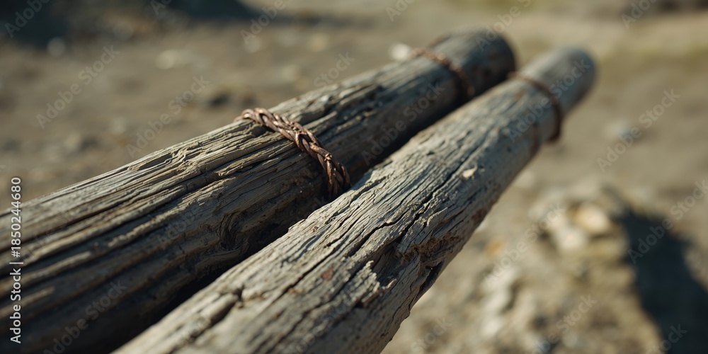 Fototapeta premium Two logs held together by aged wire, highlighting resource reuse and preservation, Earth Day