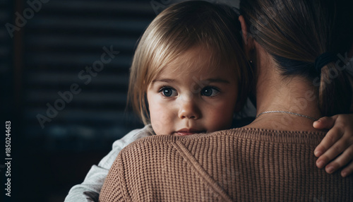 Close Up of Toddler Girl with Blue Eyes Hugging Mom Looking Over Shoulder