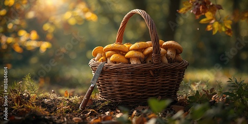 Fresh mushrooms in a rustic...
