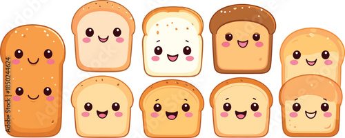 Collection of Cute Cartoon Bread Characters with Happy Smiling Faces in Kawaii Anime Style Illustration