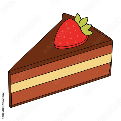 Delicious chocolate cake slice with strawberry topping.