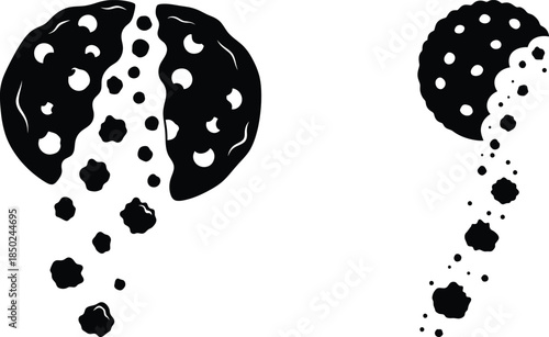 Falling crumbs vector, cookie with missing bite in minimalist black silhouette for logos
