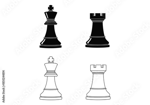 Black and white chess king and rook pieces on a plain background