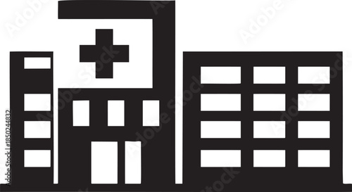 Black and white icon of a hospital building with a cross symbol medical