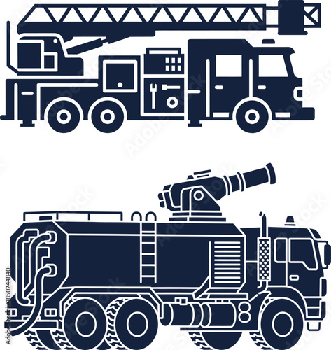 Two Dark Blue Silhouettes of Firefighting Vehicles on a White Background fire truck fire engine