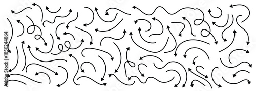 Hand-drawn black line Curve arrows in simple doodle styles. Unique arrow set for direction and design elements. Doodle arrow set isolated on white background.