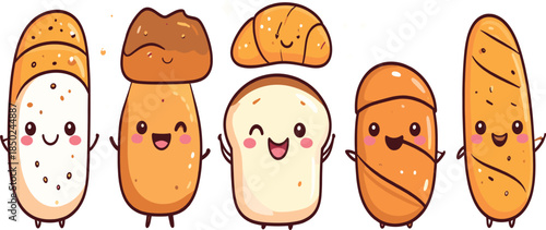 Adorable Kawaii Style Cartoon Bakery Collection with Cute Smiling Croissant Baguette and Toast Characters