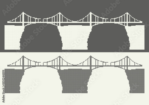 Abstract halftone bridge suspended over empty void, conceptual poster graphic with pixelated texture.