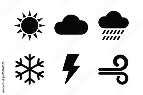 Weather icons: sun, cloud, rain, snowflake, lightning bolt, and wind, representing atmospheric conditions.