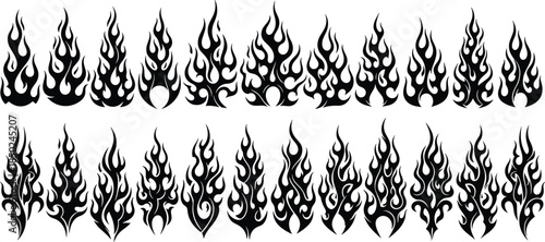 Stylized black flame silhouette collection with decorative fire shapes and borders, bold burning elements for tattoo design, logo graphics, vehicle decals, and edgy artwork