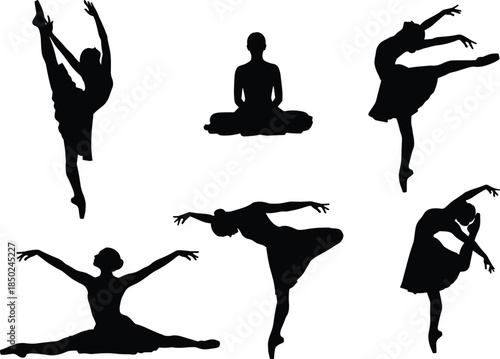 Black silhouette collection of dancers and yoga poses showcasing ballet movements, flexibility, balance, and artistic body motion for fitness, wellness, and performing arts design concepts
