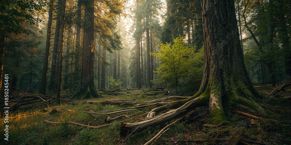 Obraz premium Decomposing wood in an ancient natural forest setting illustrating ecological cycles, related to Earth Day