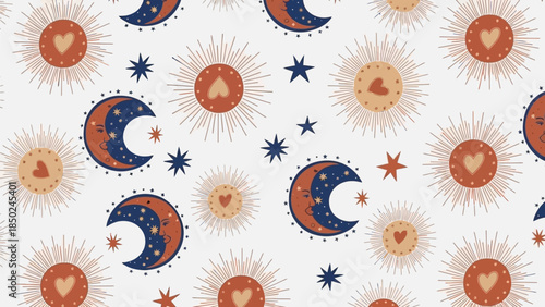 Whimsical celestial pattern with moons, suns, and stars on white