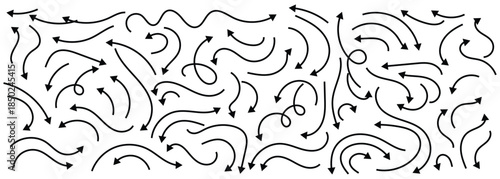 Simple collection of hand sketched thin line doodle arrows. Black doodle arrows in different styles, highlighting. Isolated on white background.