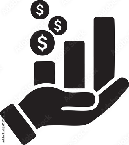 Black hand holding rising bar chart with falling dollar coins vector