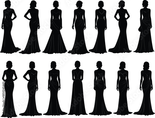 Elegant black silhouette set of women in long evening gowns, showcasing fashion poses and formal dress designs for runway, couture illustration, and luxury style concepts