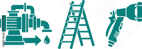 Water Pump Ladder and Hose Nozzle Icons on White Background step ladder