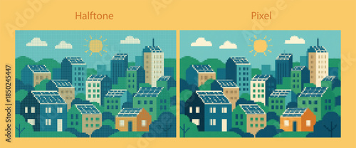 Rooftop renewable energy grids across city skyline, halftone futuristic poster graphic.