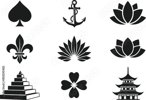 Minimal black and white symbolic icon collection featuring spade, anchor, lotus, fleur de lis, clover, pyramid, and pagoda shapes for logo, tattoo, and graphic design use