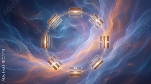 I Ching Trigram and Hexagram Symbols Forming Classic Bagua Divination Pattern Background
