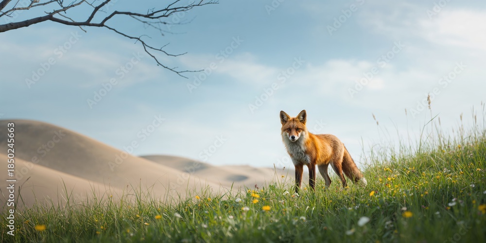 Obraz premium Red fox standing in a natural setting, wildlife preservation awareness