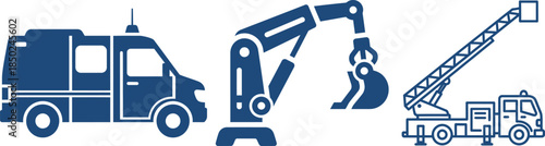 Utility Vehicle Excavator and Ladder Truck Icons for Construction and Rescue utility van service vehicle