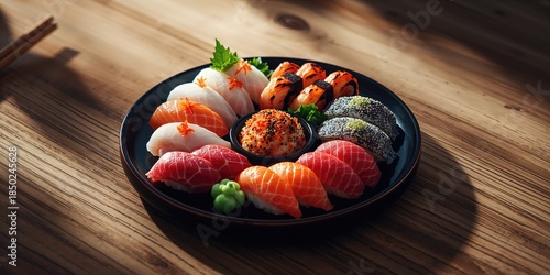 Assorted sushi including gu...