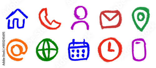 Basic Contact Icons Crayon Chalk Drawing Doodle Vector Set