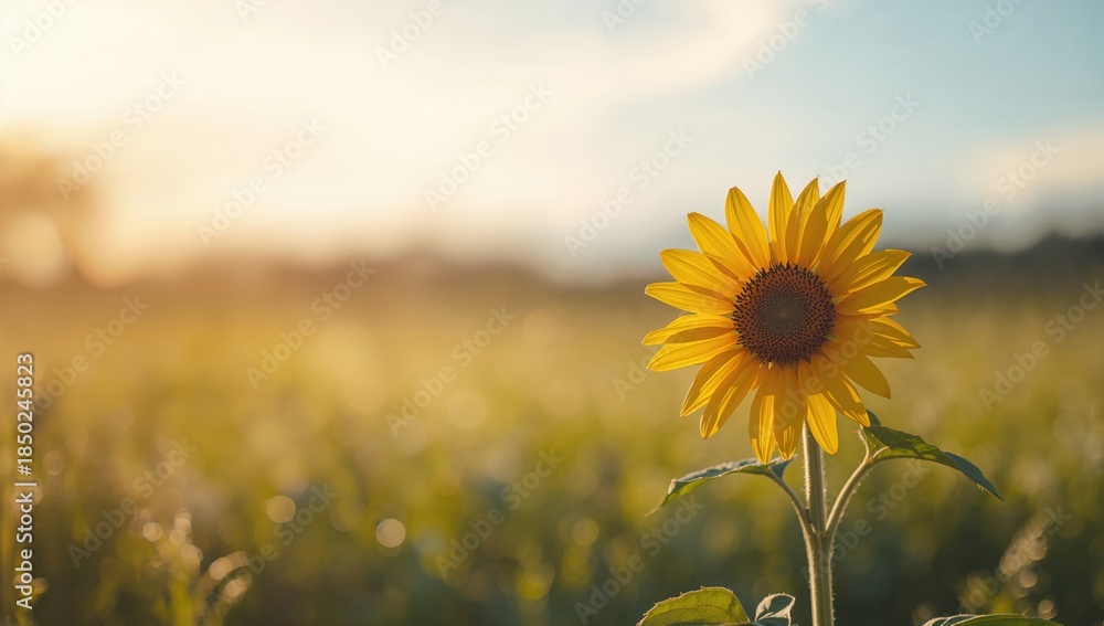 Fototapeta premium Bright sunflower head with vibrant petals in a sprawling field, ideal for landscape or floral layout backgrounds