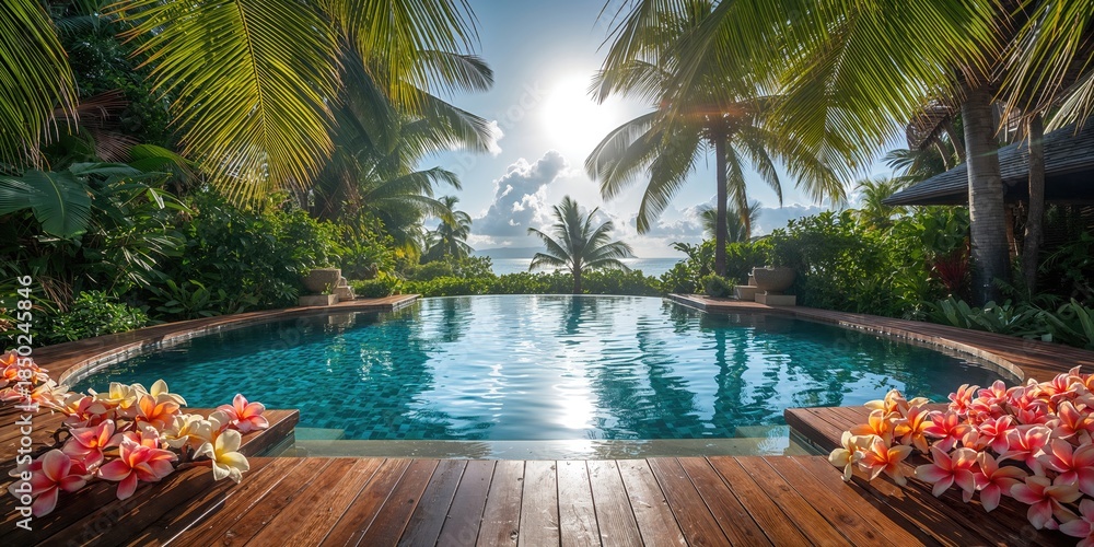 Fototapeta premium Swimming pool with plumeria flowers on a wooden deck, serving as a relaxing outdoor leisure area