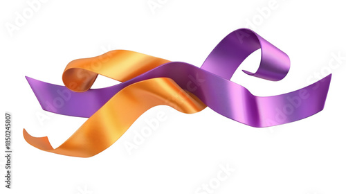Set of orange and purple ribbons banner 3D render icon isolated on white background