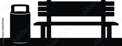 Silhouette Park Bench and Garbage Bin Urban Furniture Vector Illustration